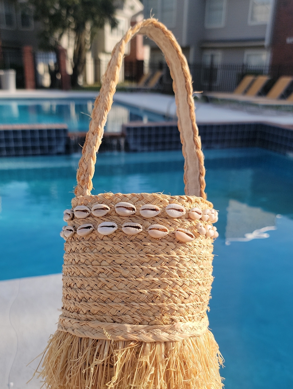 Hat Attack Natural Straw Tassel Bag with Cowrie Shells